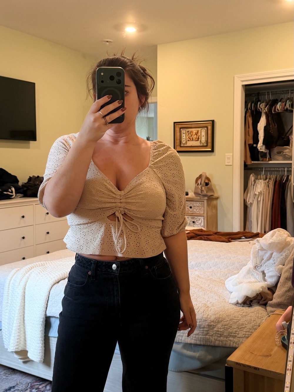 URBAN Romantics Beige Eyelet Drawstring Crop Top
